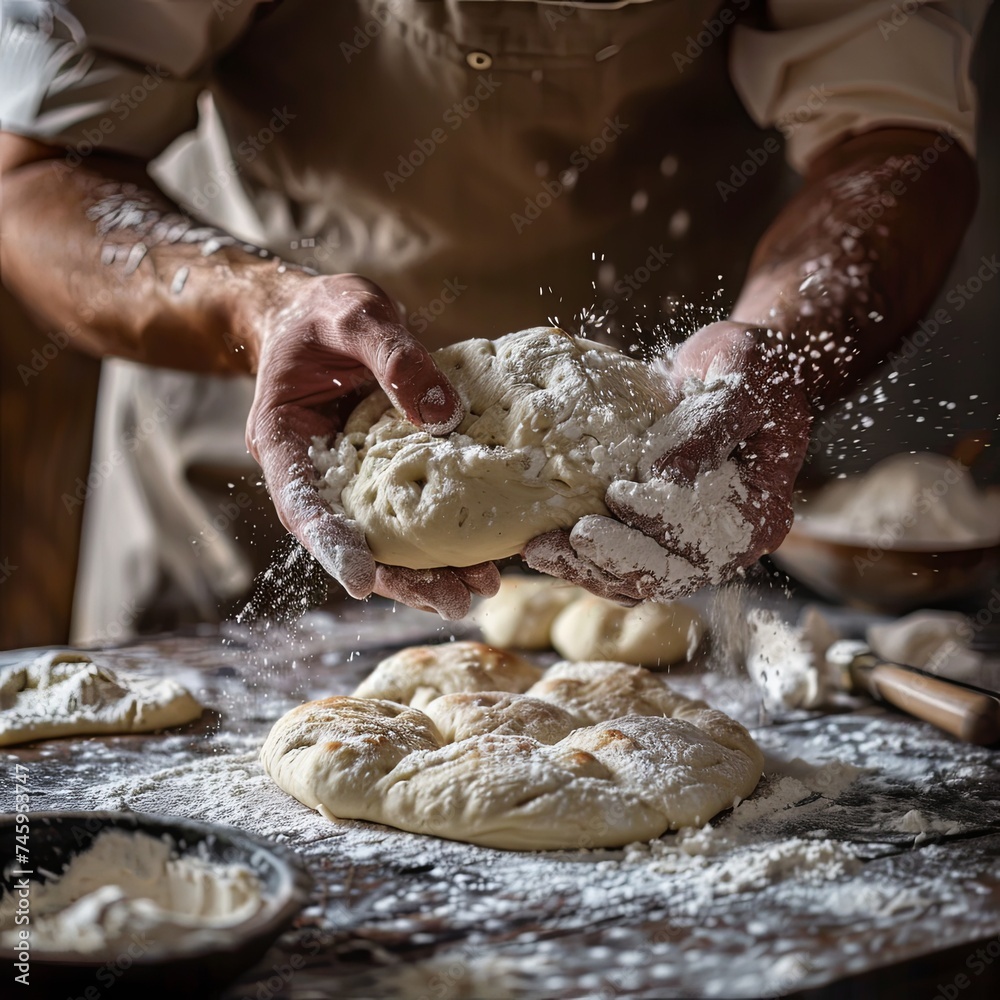 Baker Kneading Dough with Flour Mid-Air A skilled baker's hands work the dough with a dusting of flour mid-air, capturing the art of traditional bread making.
Baker Kneading Dough with Flour Mid-Air A skilled baker's hands work the dough with a dusting of flour mid-air, capturing the art of traditional bread making.
