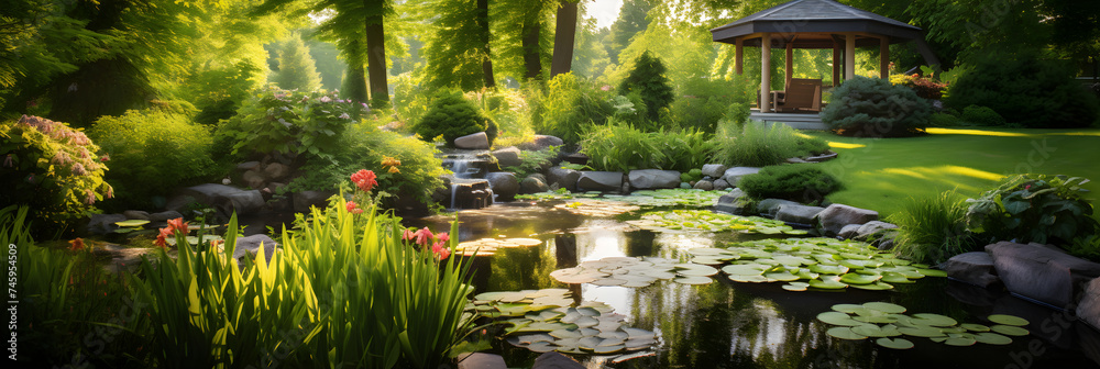 Serene Healing Garden Scene with A Lush Greenery, Tranquil Pond, and Quaint Gazebo