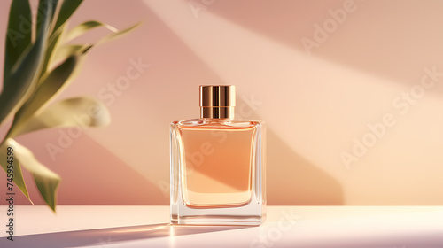 Perfume transparent bottle on pastel background, perfume display