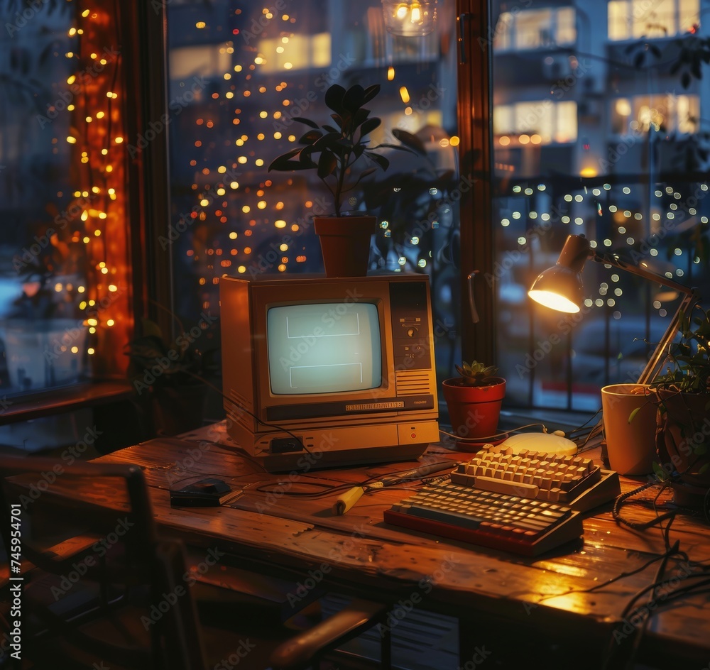 A retro computer brightens a cozy corner, its glow complementing the festive lights outside the window. The setting exudes warmth and a charming blend of past and present. A retro computer brightens a cozy corner, its glow complementing the festive lights outside the window. The setting exudes warmth and a charming blend of past and present.
