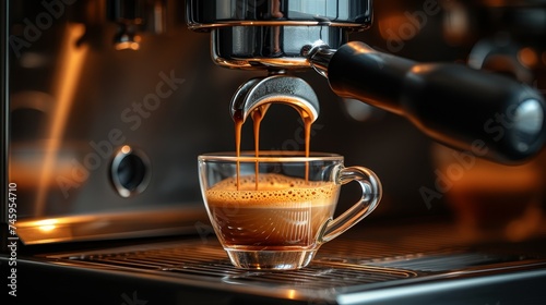Preparation of fresh espresso coffee with coffee machine