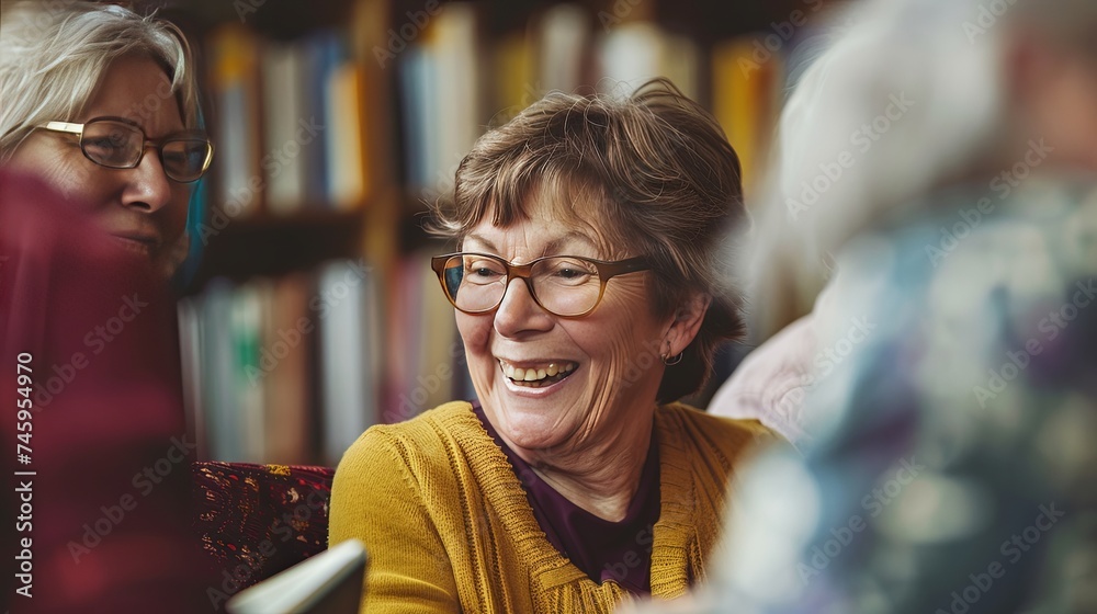 Senior women laugh together, enjoying each other's company and sharing stories in the warm, inviting atmosphere of a library.
Senior women laugh together, enjoying each other's company and sharing stories in the warm, inviting atmosphere of a library.