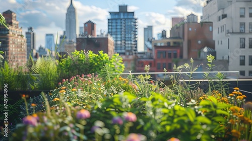 Urban Oasis: Rooftop Garden Amidst Cityscape A lush rooftop garden blooms against the backdrop of a bustling city skyline, offering a tranquil green space in the urban environment.

