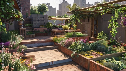 Lush Rooftop Terrace Garden in Urban Environment An exquisitely arranged rooftop terrace garden brimming with a variety of plants and flowers, offering a peaceful retreat in the city. 