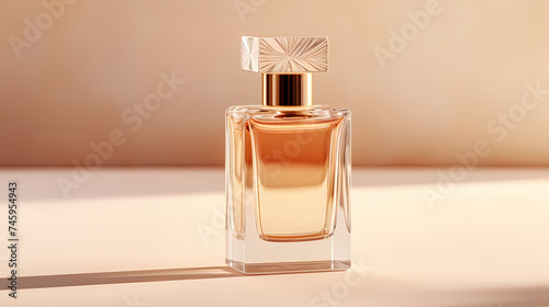 Perfume transparent bottle on pastel background, perfume display