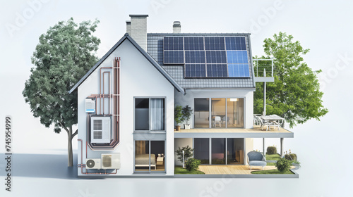 modern house building with solar panels and heat pump illustration © andreusK