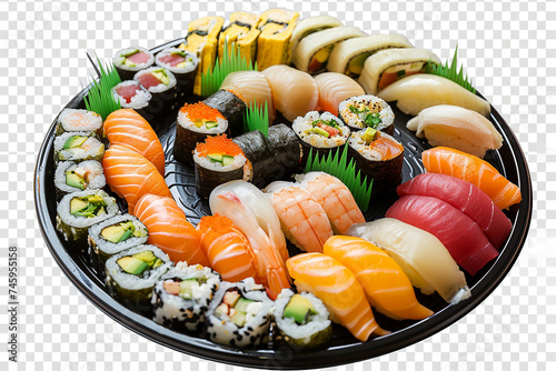 Sushi platter isolated on white background. Japanese food restaurant delivery - maki california rolls big party set, top view