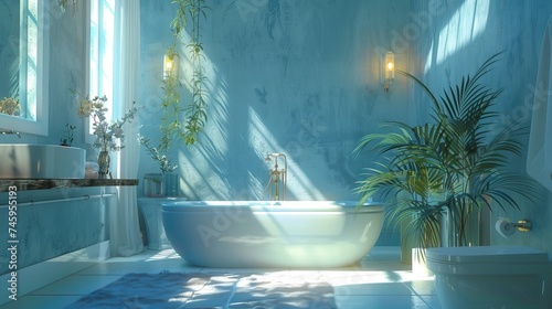 Serene ambiance of a women's room interior in blue colors, soft hues and soothing tones create a tranquil retreat for relaxation and rejuvenation