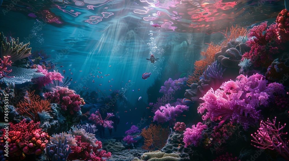Vibrant Underwater Coral Reef Ecosystem A breathtaking underwater scene featuring a rich coral reef ecosystem with diverse marine life and light rays piercing through the ocean's surface.

