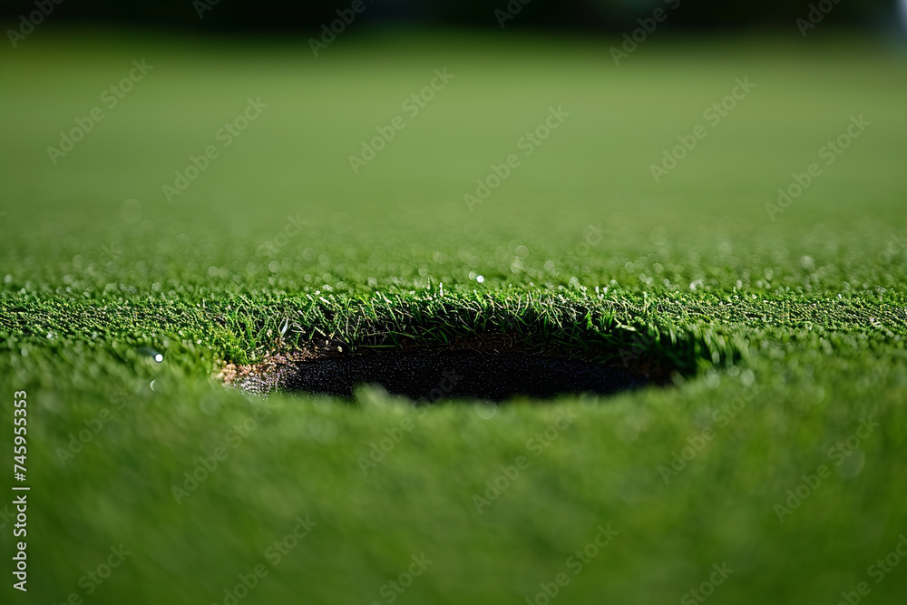 Green near hole at golf course. Golf hole. Golf on course, Green Grass. Golf hole and sunlight on green grass