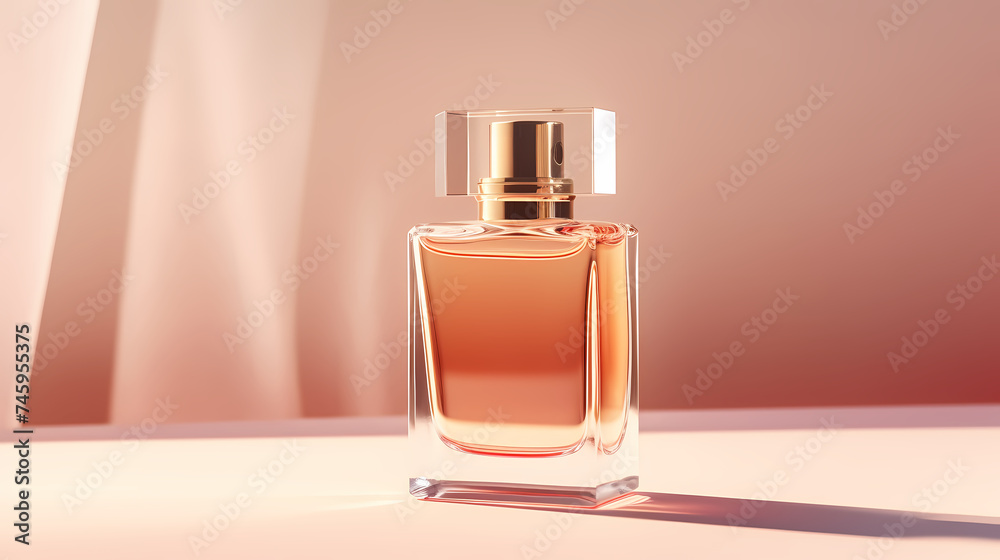 Perfume transparent bottle on pastel background, perfume display Perfume transparent bottle on pastel background, perfume display