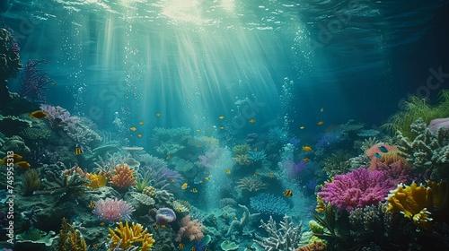 Underwater Paradise: Coral Reef and Marine Life An underwater paradise comes to life with vibrant coral reefs teeming with diverse marine life, bathed in the ethereal sunlight filtering through the o  © M