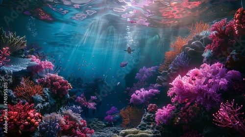Vibrant Underwater Coral Reef Ecosystem A breathtaking underwater scene featuring a rich coral reef ecosystem with diverse marine life and light rays piercing through the ocean's surface.