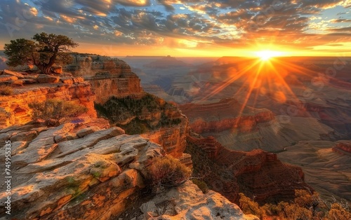 The first rays of sunrise illuminate the Grand Canyon, revealing the intricate layers and textures of this geological masterpiece. It's a moment of awe and natural beauty.