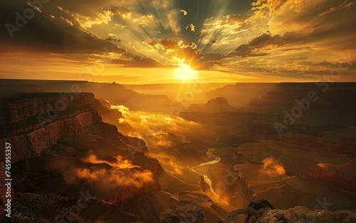 Sunbeams dance through clouds over the Grand Canyon  highlighting the winding river below. The golden hour brings a magical quality to this ancient landscape.
