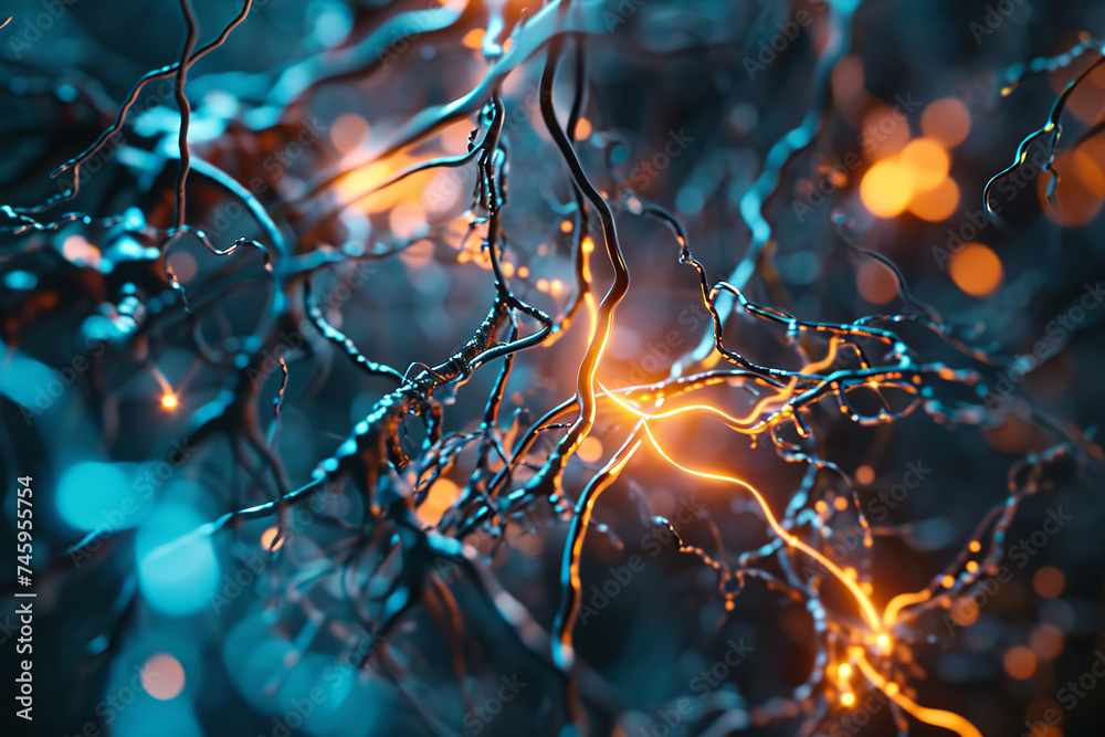 A close-up of a synapse firing, illustrating the transmission of signals between brain cells. Concept of neural communication. Abstract curly tendrils background - obrazy, fototapety, plakaty 