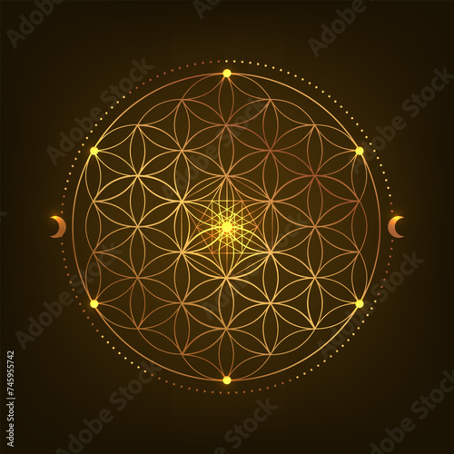 Sacred Geometry Symbol. Vector illustration. Mystic esoteric Flower of Life. Golden Seed of life. Mandala lotus flower on black background