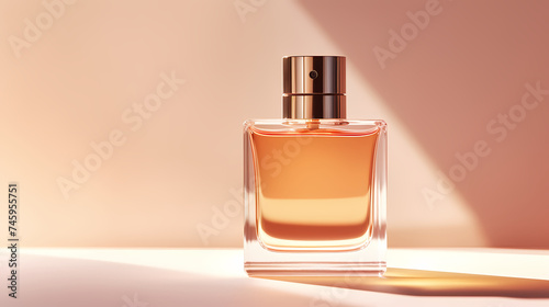 Perfume transparent bottle on pastel background, perfume display