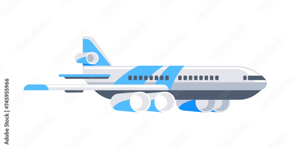 Flying civil aircraft transport. Flat airplane. Passenger and cargo air transport. Vector illustration