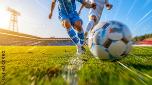 Striking soccer scene with two players in blue and white, fiercely contesting the ball on a sunlit field. Focused athletes in vivid blue engage in a tense battle for possession on the lush green pitch © Thaniya