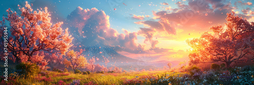 This image captures a breathtaking scene of blossoming trees against the backdrop of a stunning sunset and floating petals  evoking a sense of wonder