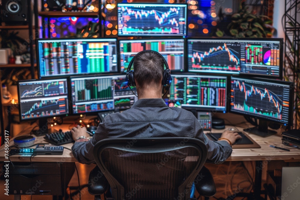 Analyst at workstation with extensive monitors, actively managing and strategizing in the high-stakes world of stock trading. Financial expert engages with interactive displays, strategizing trades