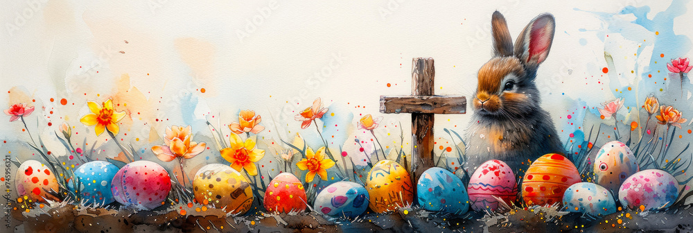 An adorable bunny next to a wooden cross surrounded by vibrantly painted Easter eggs and scattered petals - obrazy, fototapety, plakaty 