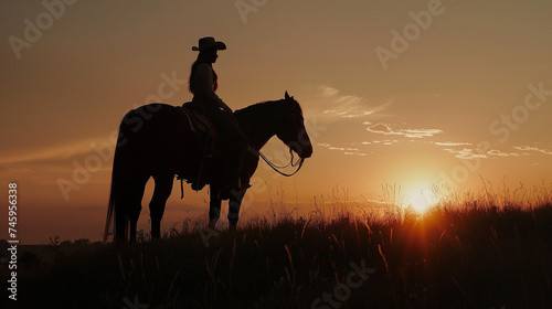 Sunset Serenity: Silhouette of a Cowgirl Standing Beside Her Horse at Sunset, Evoking the Peaceful End to a Day on the Prairie