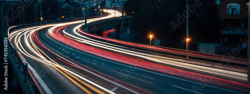 Dynamic traffic on a city highway, long exposure shot with vibrant light trails. 