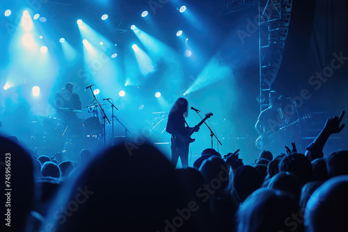 Lights and Shadows of Music: A Concert Photo Revealing Silhouettes, Raised Hands, and an Acoustic Aura - Capturing the Emotion and Intimate Atmosphere of Musical Artistry. 