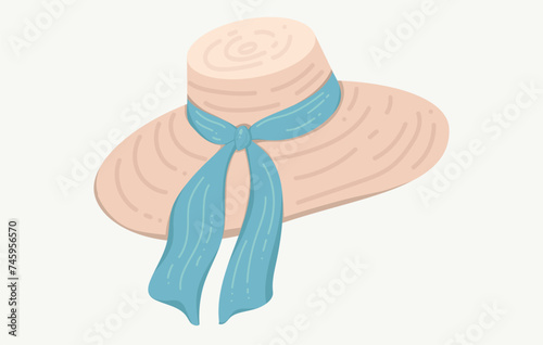 Summer hat design with blue ribbon. Beach headgear on a white background.
