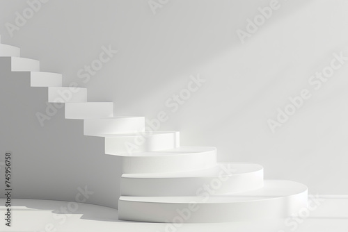 Stairway on white background. Perfect place for your products presentation. Room with stairs  grey wall background. Perspective view layout with platform  light from window.