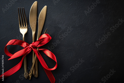 Top view of gold fork and knife on black graphite background. Christmas Table Setting With Red Ribbon. Flat lay design. Top view.