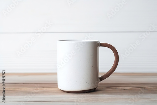 Simple White Ceramic Mug on Wooden Table with Blank Space - Mockup for Cafe Promotion