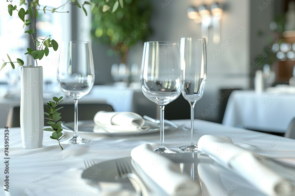 Fototapeta premium Contemporary fine dining restaurant concept, restaurant table, Wine glasses in the restaurant table, Dining table in the luxury restaurant,