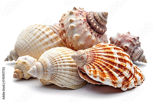 High-resolution image of seashells against a white backdrop.