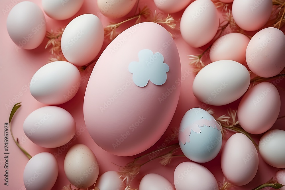 Easter eggs on pastel pink background with copy space