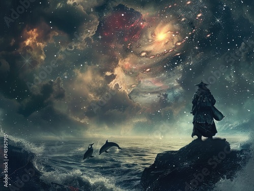 A samurai standing solemnly on a cliff overlooking the sea, where dolphins play, under the light of a distant supernova