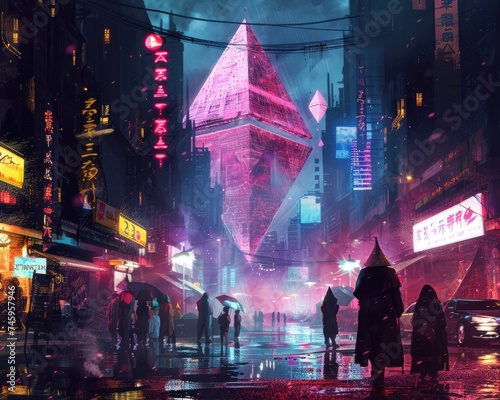 A smuggling scene within a cyberpunk metropolis, where elves and humans trade in cryptocurrency, shadowed by neon pyramids
