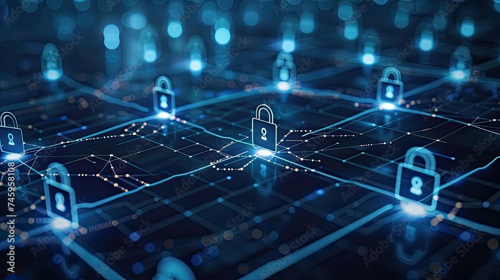 Cybersecurity concept with digital locks and firewalls protecting a network, symbolizing defense against cyber threats Cybersecurity concept with digital locks and firewalls protecting a network, symbolizing defense against cyber threats