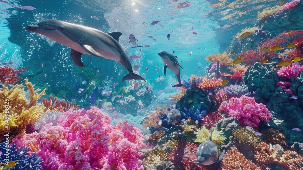 Dolphins leaping joyfully near a vibrant coral reef, with the radiant colors of a supernova explosion shimmering on the water's surface Dolphins leaping joyfully near a vibrant coral reef, with the radiant colors of a supernova explosion shimmering on the water's surface