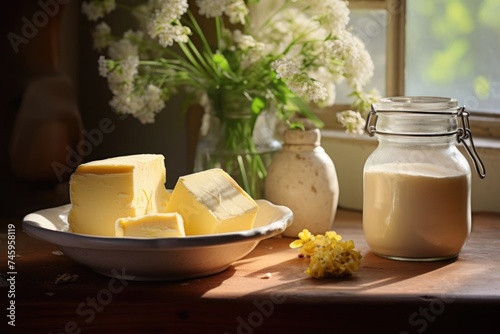 Artal butter fresh milk a serene rural, with morning light and spring gracing the. photo