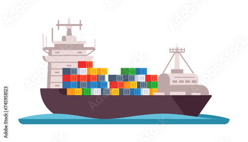 Cargo ship with containers. Barge, shipping freight. Industrial commercial delivery and logistic services. Vector illustration