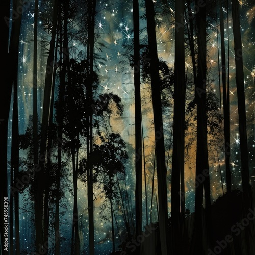 Surreal dark matter universe with bamboo forest silhouette, merging cosmic mystery with earthly grace