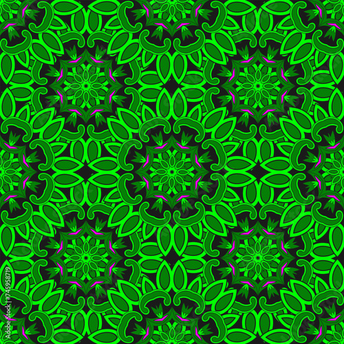 Seamless pattern with complex floral composition. Green color palette. Vector illustration