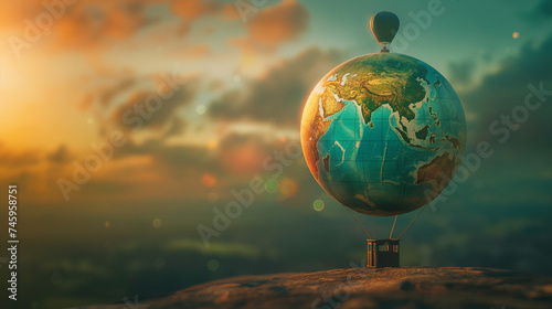 Weltreise Abenteuer Marketing Bild mit Globus und Heißluftballon Märchenhafte Darstellung mit Büchern und Wanderer Generative AI
