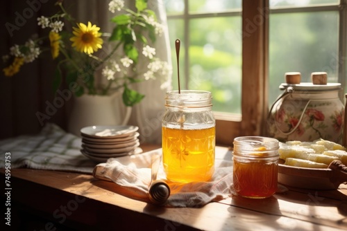 Golden honey jars with dipper, walnut cake, and wildflowers on rustic kitchen table by the morning light
