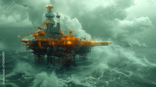 a very detailed oil platform floating across the ocean, in the style of exquisite lighting, photo-realistic landscapes, flickr, high-angle, mesmerizing colorscapes, cornelis springer