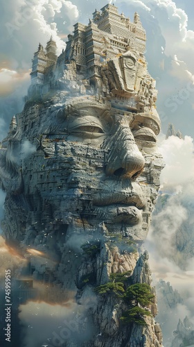 A fantasy realm where the Sphinx puzzles blockchain enthusiasts amidst ethereal landscapes and mythical creatures photo