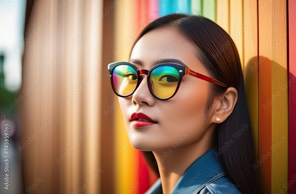 Photo of good mood charming sweet lovely young korean woman smiling wear glasses, Colorful background Photo of good mood charming sweet lovely young korean woman smiling wear glasses, Colorful background